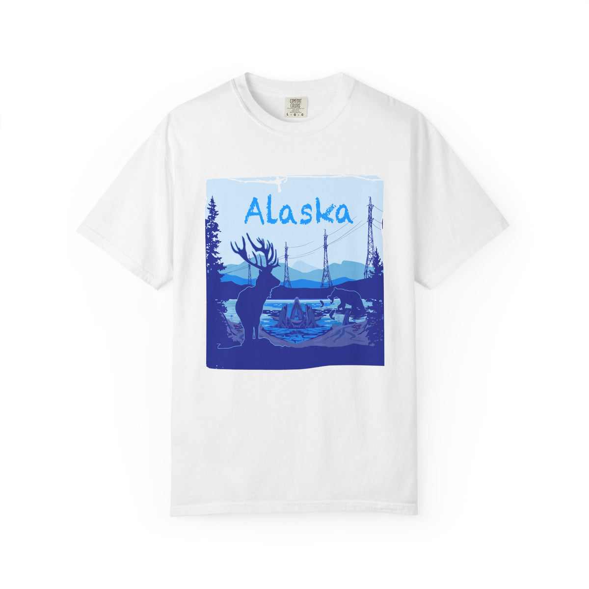 Alaska Wildlife Silhouette T-Shirt – Moose, Bear & Salmon Stream Comfort Colors Tee